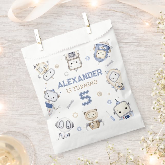 Watercolor Cute Robot Kids Birthday Party Favour Bags (Clipped)