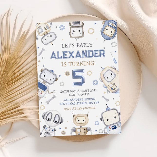 Watercolor Cute Robot Kids Birthday Party Invitation (Creator Uploaded)