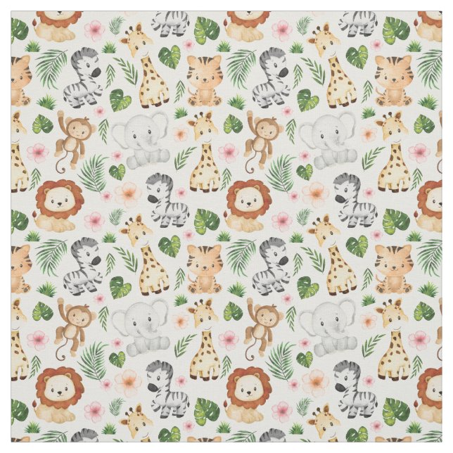 Watercolor Cute Safari Animals for Kids Fabric (Swatch)
