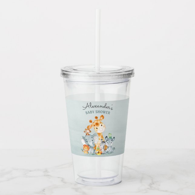 Watercolor Cute Safari Jungle Animals Baby Shower Acrylic Tumbler (Front)