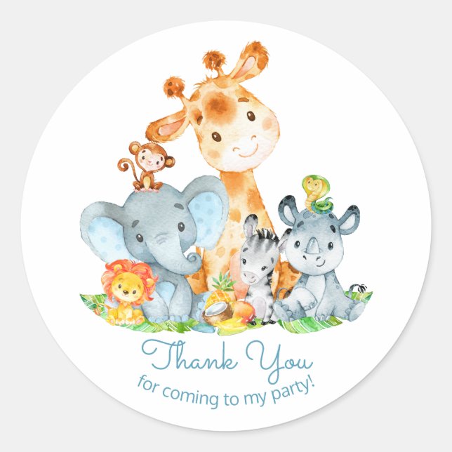 Watercolor Cute Safari Jungle Animals Birthday Classic Round Sticker (Front)