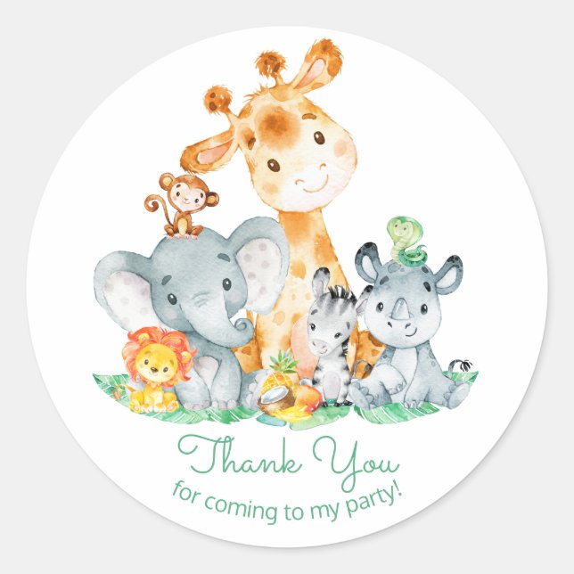 Watercolor Cute Safari Jungle Animals Birthday Classic Round Sticker (Front)
