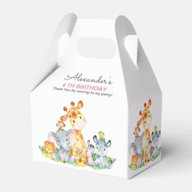 Watercolor Cute Safari Jungle Animals Birthday Favour Box (Front Side)
