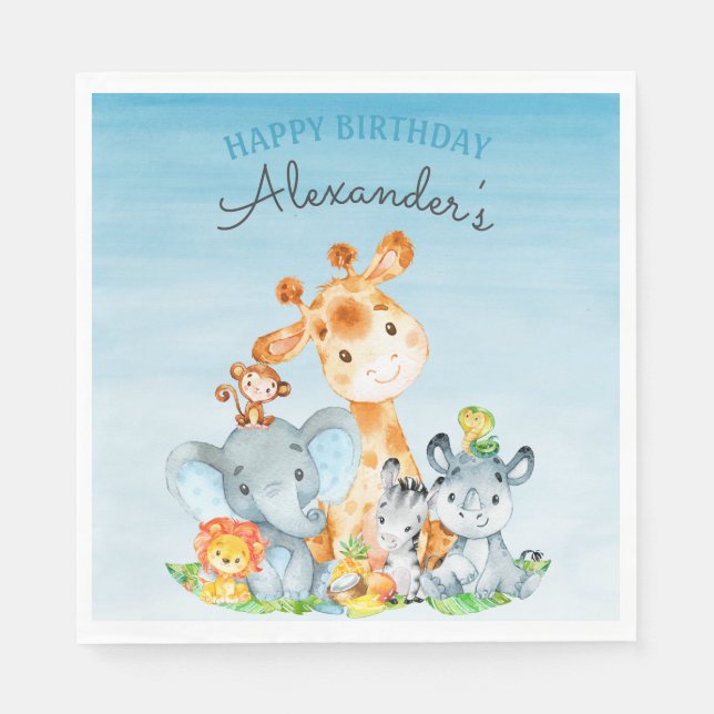 Watercolor Cute Safari Jungle Animals Birthday Napkin (Front)