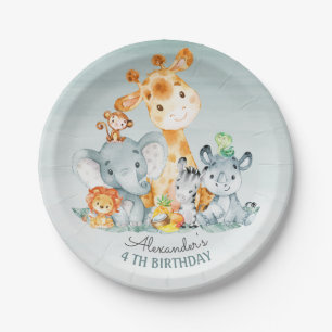 Watercolor Cute Safari Jungle Animals Birthday Paper Plate