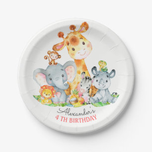 Watercolor Cute Safari Jungle Animals Birthday Paper Plate