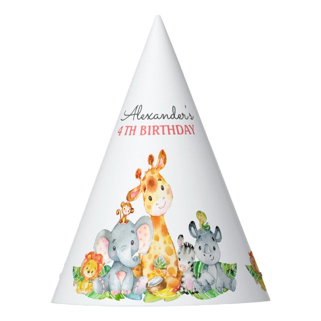 Watercolor Cute Safari Jungle Animals Birthday Party Hat (Front)