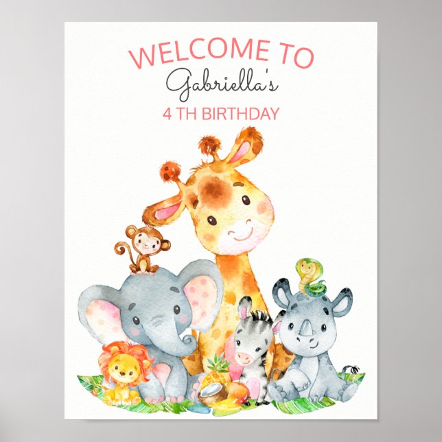 Watercolor Cute Safari Jungle Animals Birthday Poster (Front)