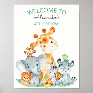 Watercolor Cute Safari Jungle Animals Birthday Poster