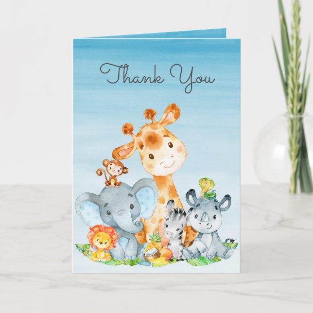 Watercolor Cute Safari Jungle Animals Thank You Card (Front)