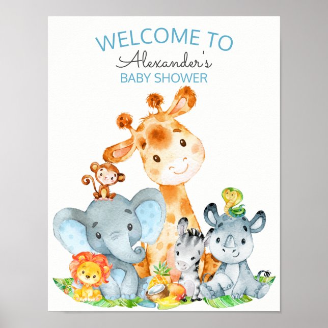 Watercolor Cute Safari Jungle Baby Shower Poster (Front)
