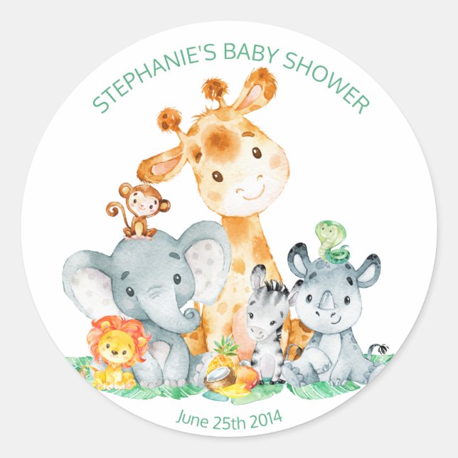 Watercolor Cute Safari Jungle Baby Shower Stickers (Front)