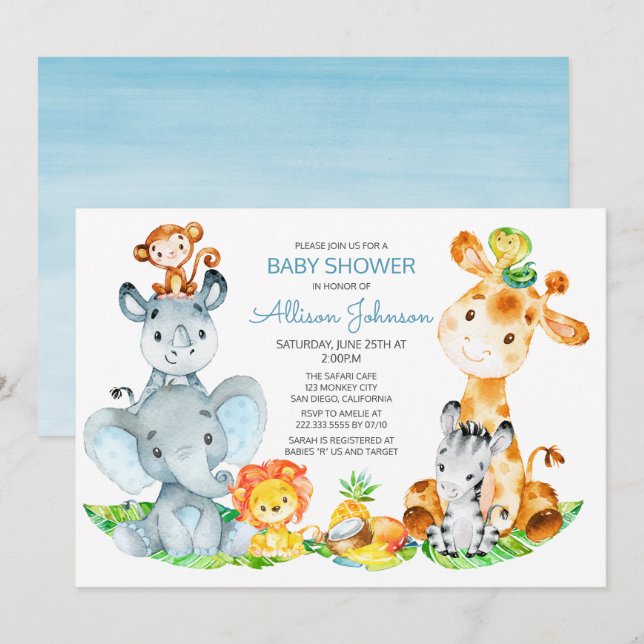 Watercolor Cute Safari Jungle Boy Baby Shower Invitation (Front/Back)