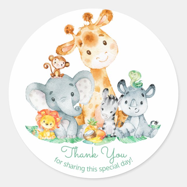Watercolor Cute Safari Jungle Thank You Classic Round Sticker (Front)