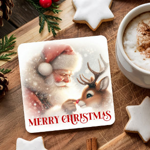 Watercolor Cute Santa Rudolph Christmas Coasters