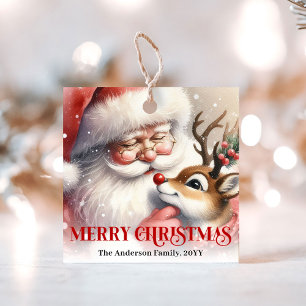 Watercolor Cute Santa Rudolph Christmas Gift Tags