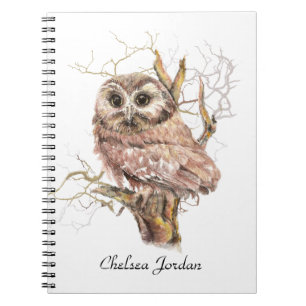 Watercolor Cute Saw Whet Owl Bird Custom Name Spiral Notebook
