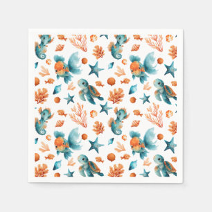 Watercolor Cute Sea Marine Animals Ocean Pattern  Napkin