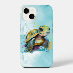 Watercolor Cute Sea Turtle Artwork Blue iPhone 14 Case