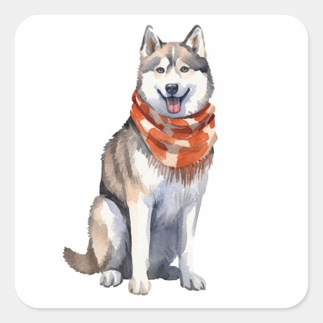 Watercolor Cute Siberian Husky Dog Square Sticker (Front)