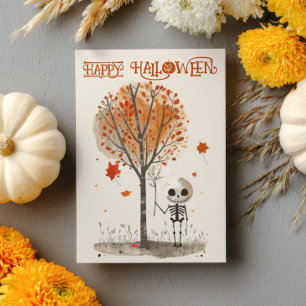 Watercolor Cute Skeleton Happy Halloween Card