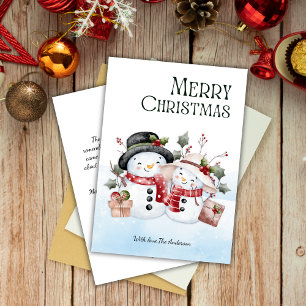 Watercolor Cute Snowman Couple Merry Christmas  Holiday Card