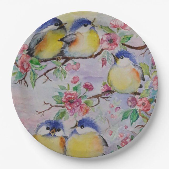 Watercolor - Cute Sparrows Paper Plate (Front)