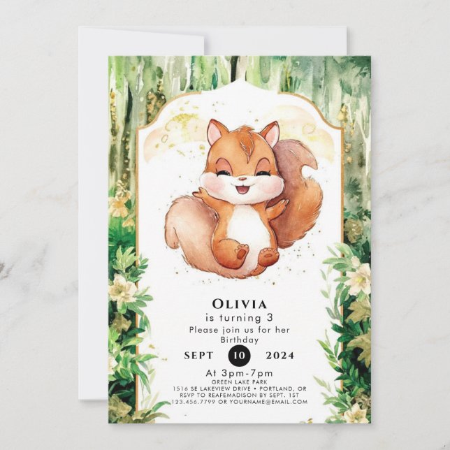 Watercolor Cute Squirrel Birthday Invitation (Front)