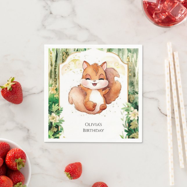 Watercolor Cute Squirrel Birthday Napkin (Insitu)