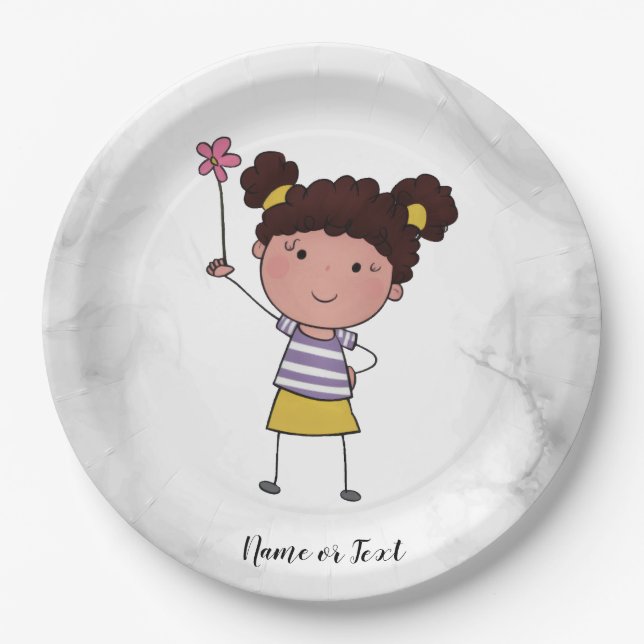 Watercolor Cute Stick Girl pink Flower Beautiful Paper Plate (Front)