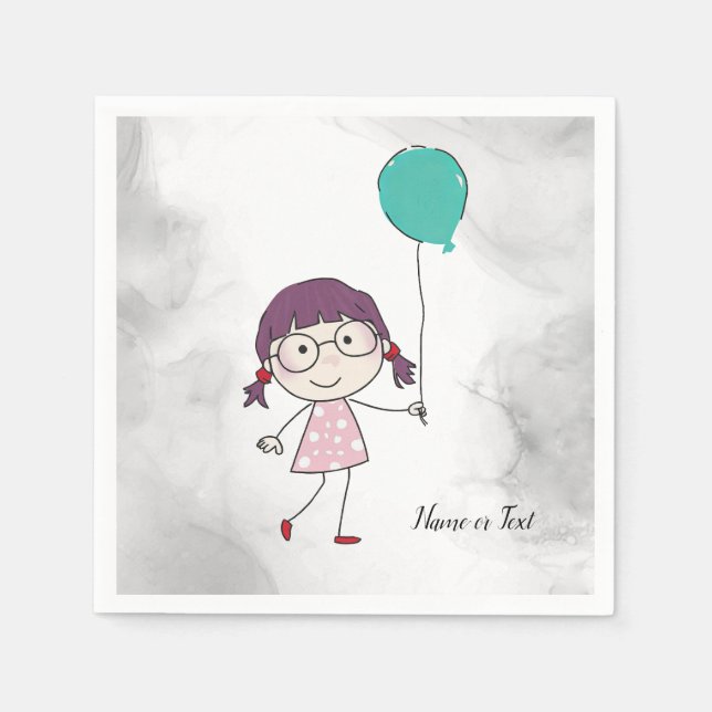 Watercolor Cute Stick Girl Teal Balloon Elegant Napkin (Front)