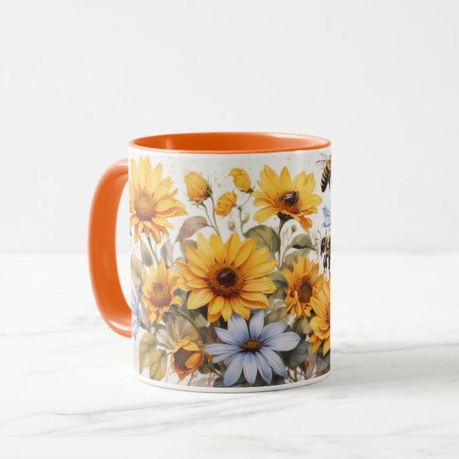 Watercolor Cute Sunflower Bees Mug (Front Left)