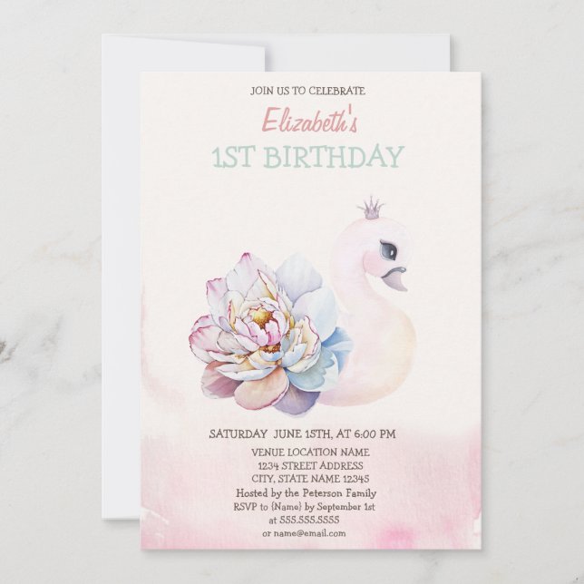 Watercolor Cute Swan Flowers Birthday  Invitation (Front)