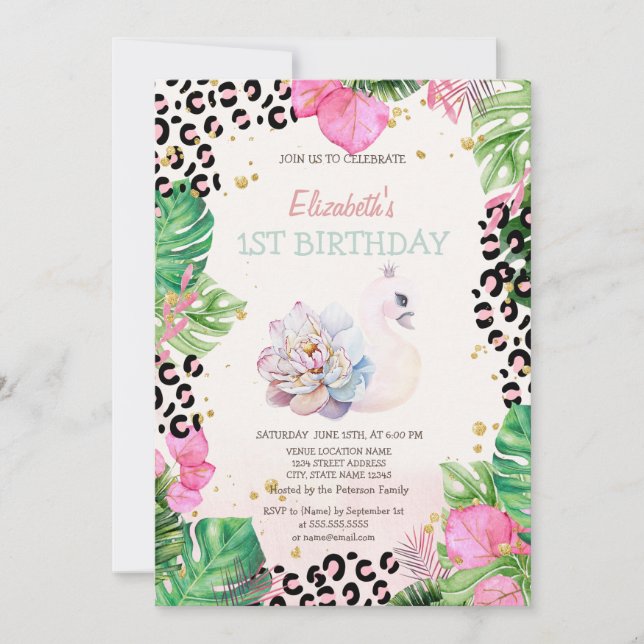 Watercolor Cute Swan Tropical Flowers Birthday  Invitation (Front)