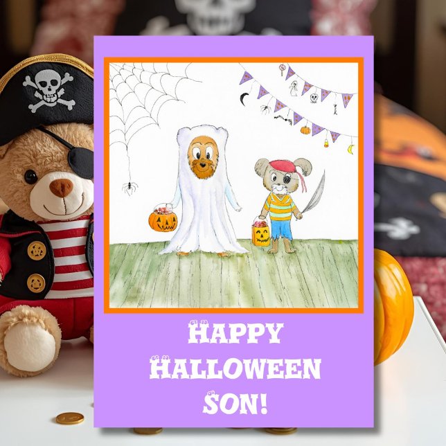 Watercolor Cute Teddy Bears Happy Halloween Son Card (Creator Uploaded)