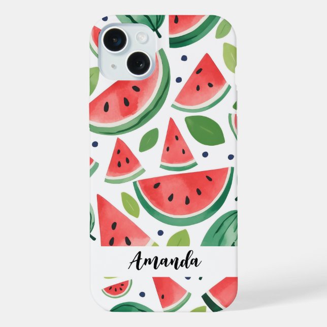 Watercolor Cute Watermelon Pattern Customised Name iPhone Case (Back)
