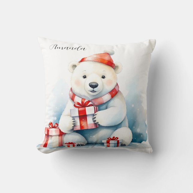 Watercolor Cute White Polar Bear Christmas Cushion (Front)