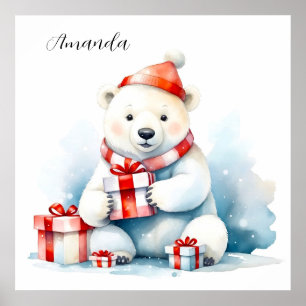 Watercolor Cute White Polar Bear Christmas Poster