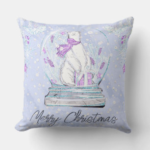 Watercolor Cute Winter Polar Bear Snow Globe Cushion