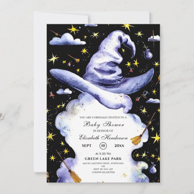 Watercolor Cute Wizard Hat Baby Shower Invitation (Front)