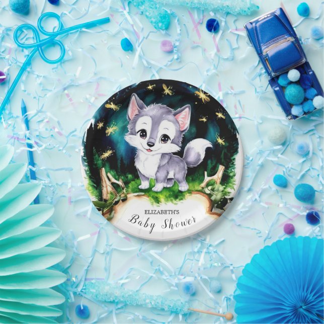 Watercolor Cute Wolf Baby Shower Paper Plate (Party)