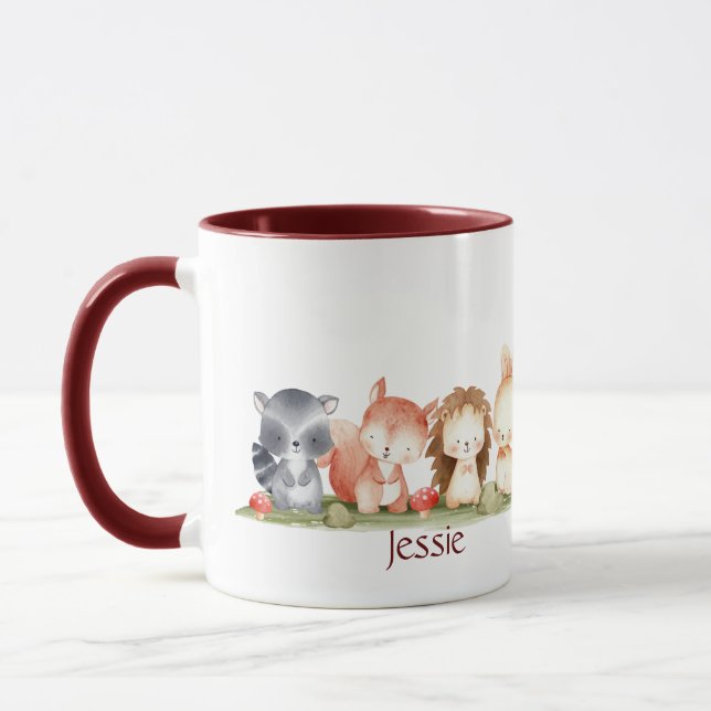 Watercolor Cute Woodland Animal Art  Custom Name Mug (Left)
