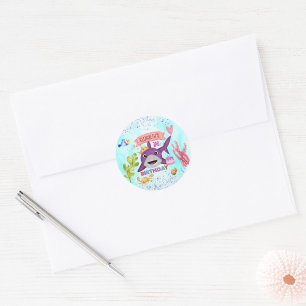 Watercolor Cutest Birthday Shark Birthday Party Classic Round Sticker