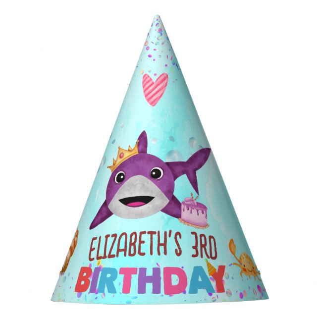 Watercolor Cutest Birthday Shark Birthday Party Hat (Front)