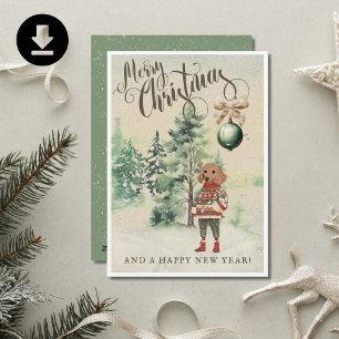 Watercolor Dachshund Dog Retro Vintage Holiday Card