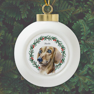Watercolor Dachshund Holiday Wreath Personalised Ceramic Ball Christmas Ornament