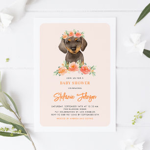 Watercolor Dachshund Peach Florals Baby Shower Invitation