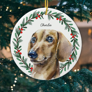 Watercolor Dachshund Personalised Holiday Wreath Ceramic Tree Decoration
