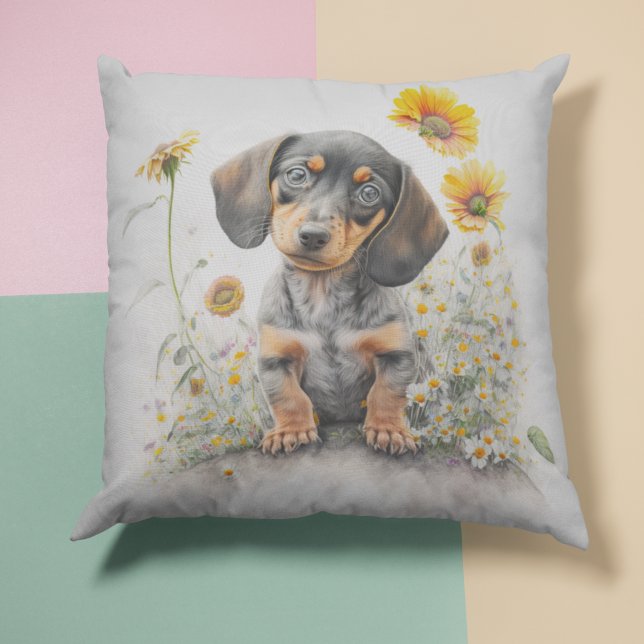 Watercolor Dachshund Puppy Floral Throw Pillow (Creator Uploaded)