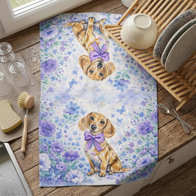 Watercolor Dachshund Purple Floral  Tea Towel (Watercolor Dachshund Purple Floral Kitchen Towel)